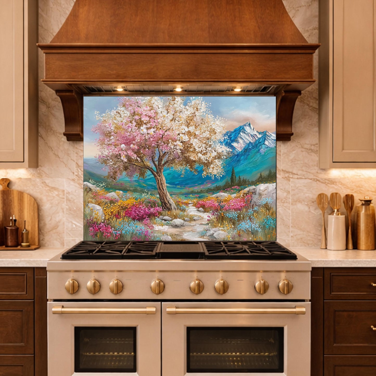 Blossom Tree Glass Kitchen Backsplash Panel, Mountain Floral Stove Guard Wall Art
