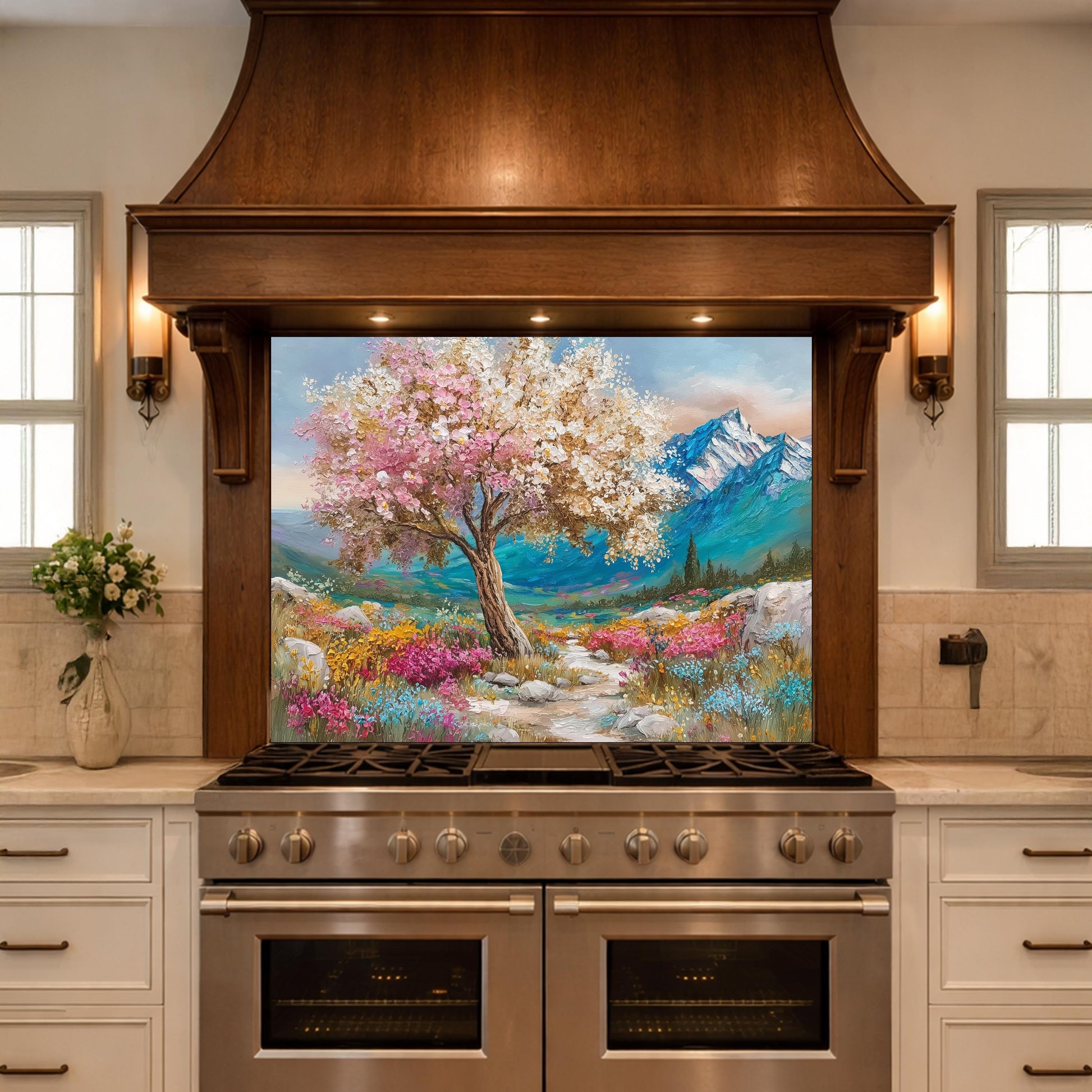 Blossom Tree Glass Kitchen Backsplash Panel, Mountain Floral Stove Guard Wall Art