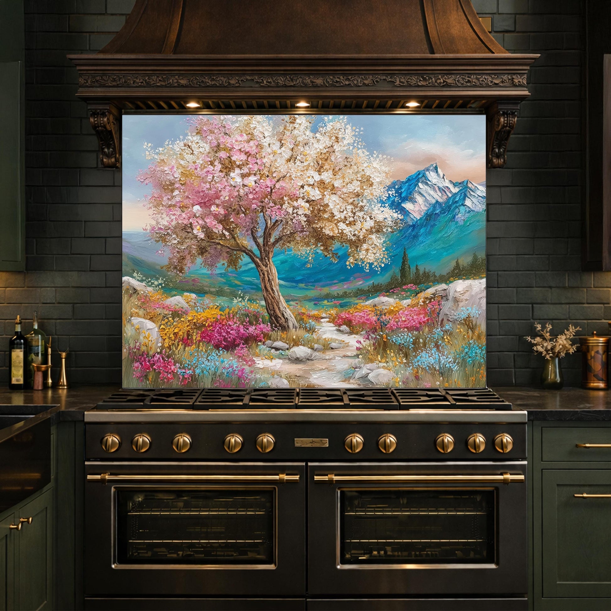 Blossom Tree Glass Kitchen Backsplash Panel, Mountain Floral Stove Guard Wall Art