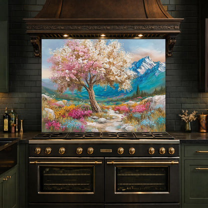 Blossom Tree Glass Kitchen Backsplash Panel, Mountain Floral Stove Guard Wall Art