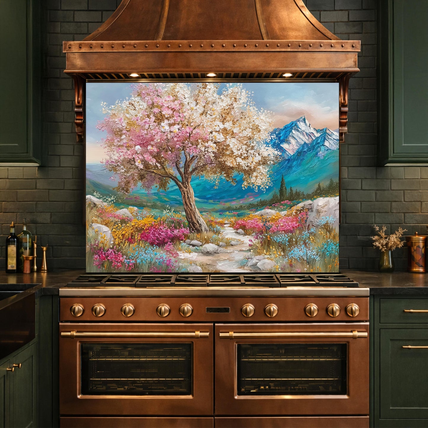 Blossom Tree Glass Kitchen Backsplash Panel, Mountain Floral Stove Guard Wall Art