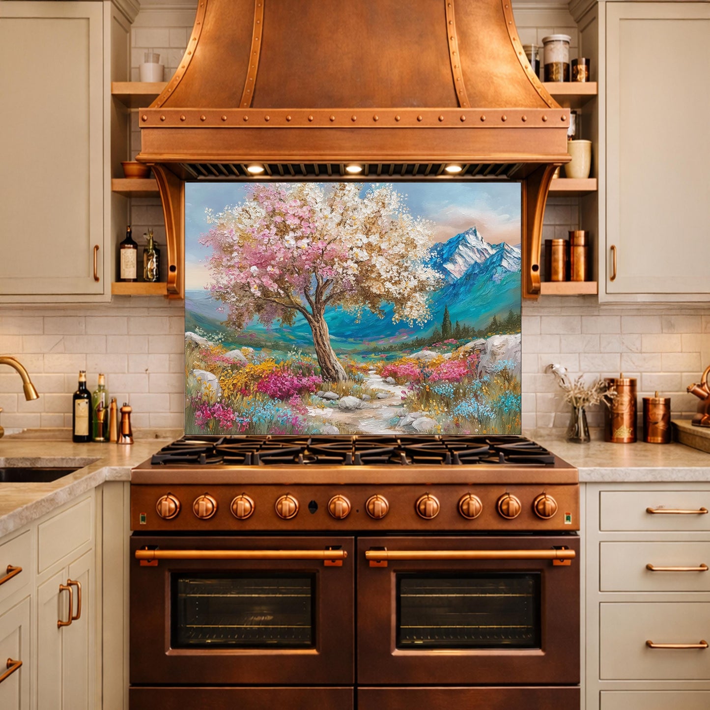 Blossom Tree Glass Kitchen Backsplash Panel, Mountain Floral Stove Guard Wall Art