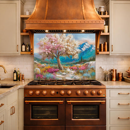 Blossom Tree Glass Kitchen Backsplash Panel, Mountain Floral Stove Guard Wall Art