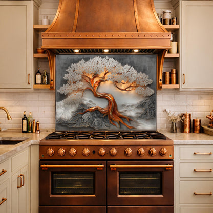 Copper Tree Glass Kitchen Backsplash Panel, Luxury Nature Stove Guard Wall Art Decor