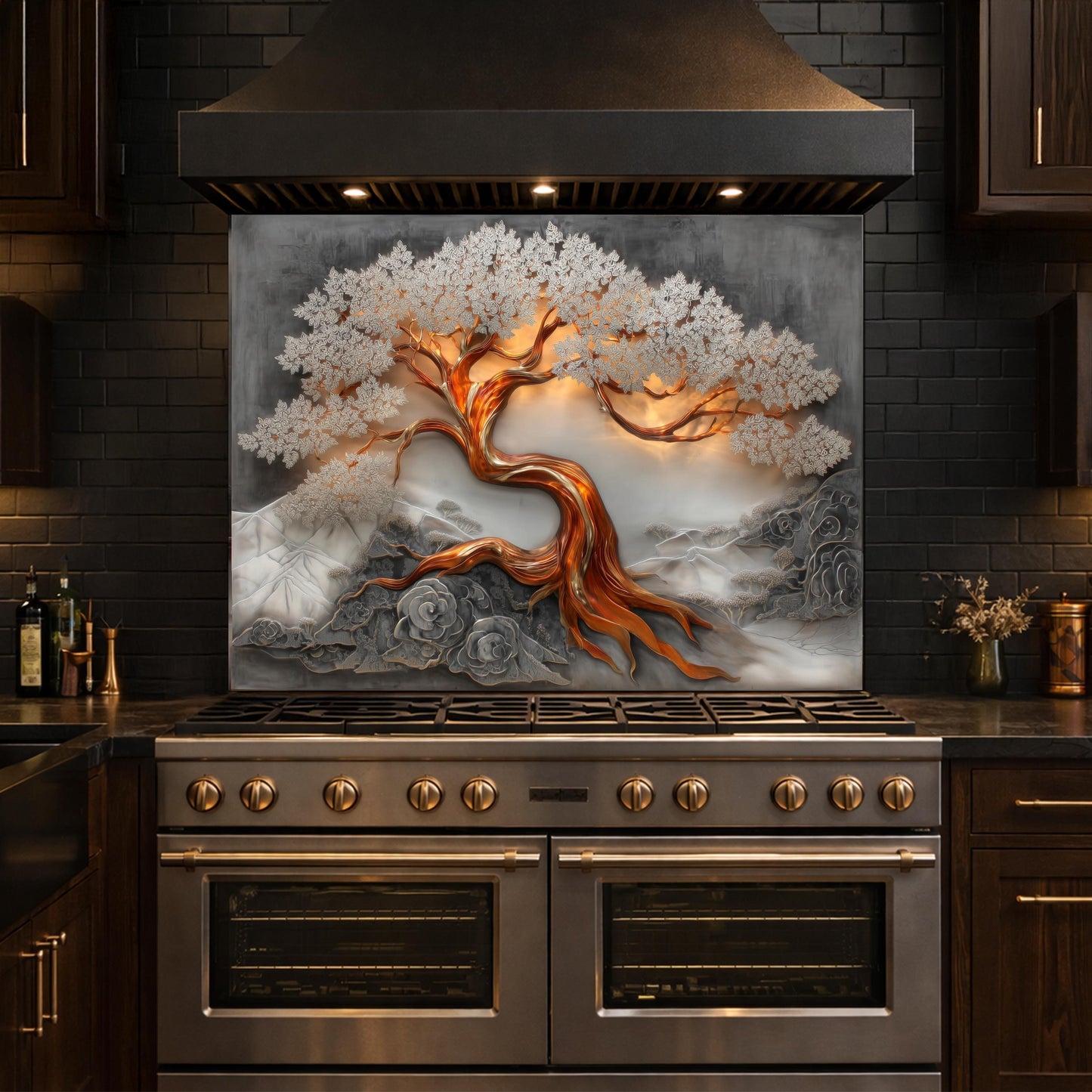 Copper Tree Glass Kitchen Backsplash Panel, Luxury Nature Stove Guard Wall Art Decor