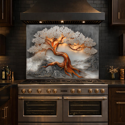 Copper Tree Glass Kitchen Backsplash Panel, Luxury Nature Stove Guard Wall Art Decor