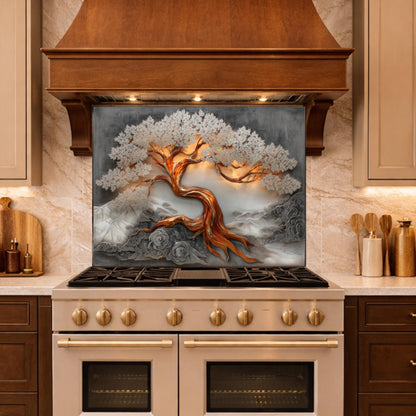Copper Tree Glass Kitchen Backsplash Panel, Luxury Nature Stove Guard Wall Art Decor