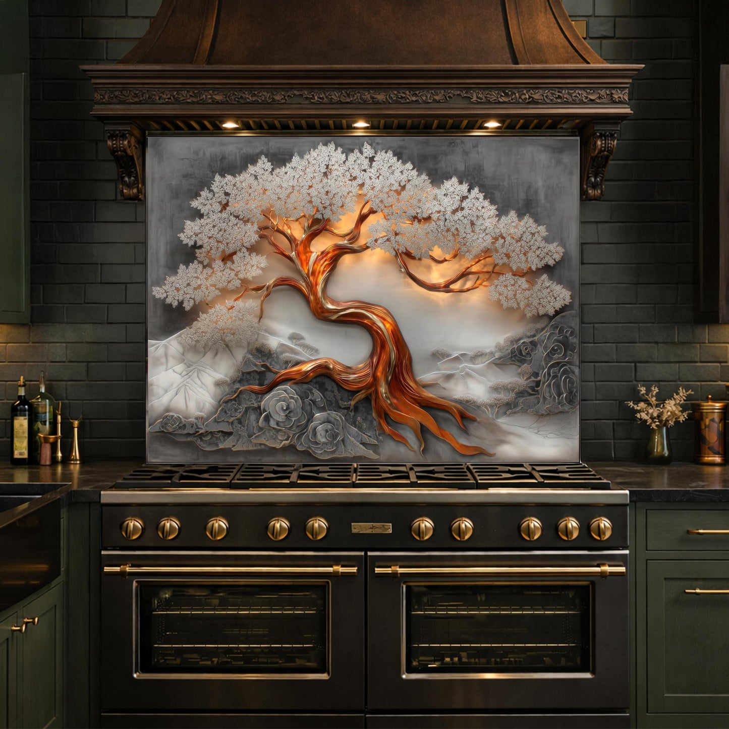 Copper Tree Glass Kitchen Backsplash Panel, Luxury Nature Stove Guard Wall Art Decor