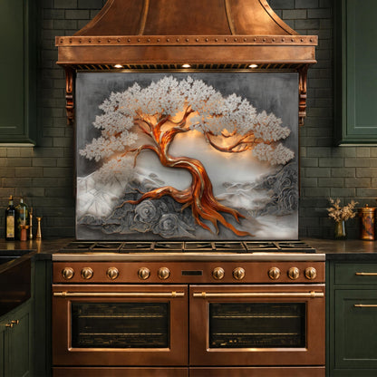 Copper Tree Glass Kitchen Backsplash Panel, Luxury Nature Stove Guard Wall Art Decor
