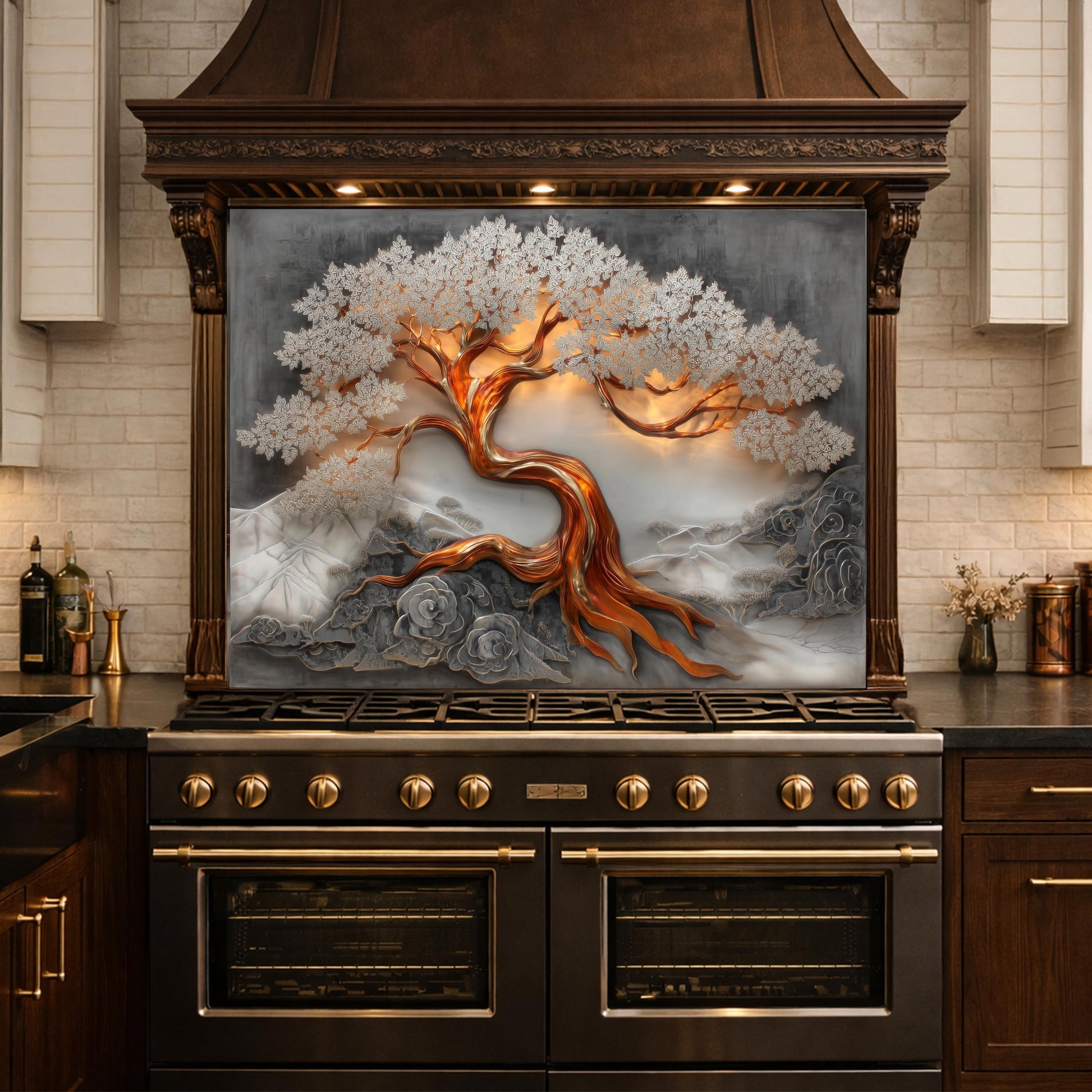 Copper Tree Glass Kitchen Backsplash Panel, Luxury Nature Stove Guard Wall Art Decor