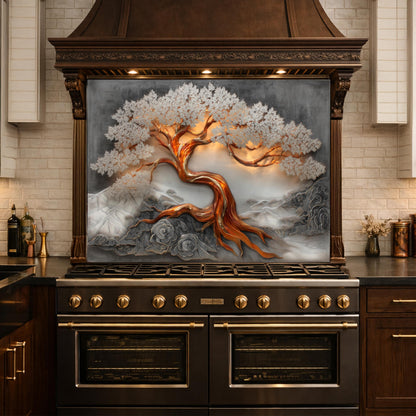 Copper Tree Glass Kitchen Backsplash Panel, Luxury Nature Stove Guard Wall Art Decor