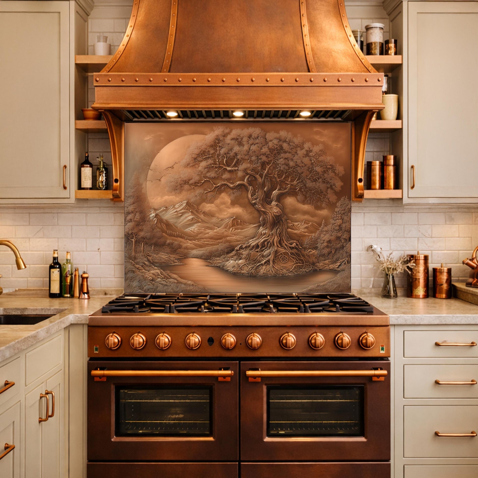 Copper Tree of Life Glass Kitchen Backsplash Panel, Mountain Stove Guard Wall Art