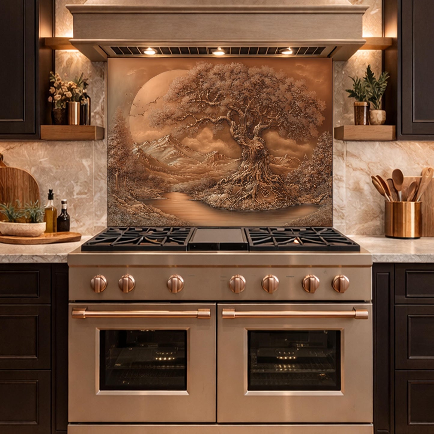 Copper Tree of Life Glass Kitchen Backsplash Panel, Mountain Stove Guard Wall Art