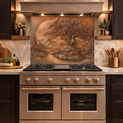 Copper Tree of Life Glass Kitchen Backsplash Panel, Mountain Stove Guard Wall Art