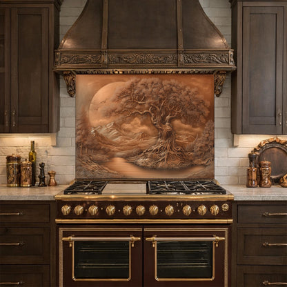 Copper Tree of Life Glass Kitchen Backsplash Panel, Mountain Stove Guard Wall Art