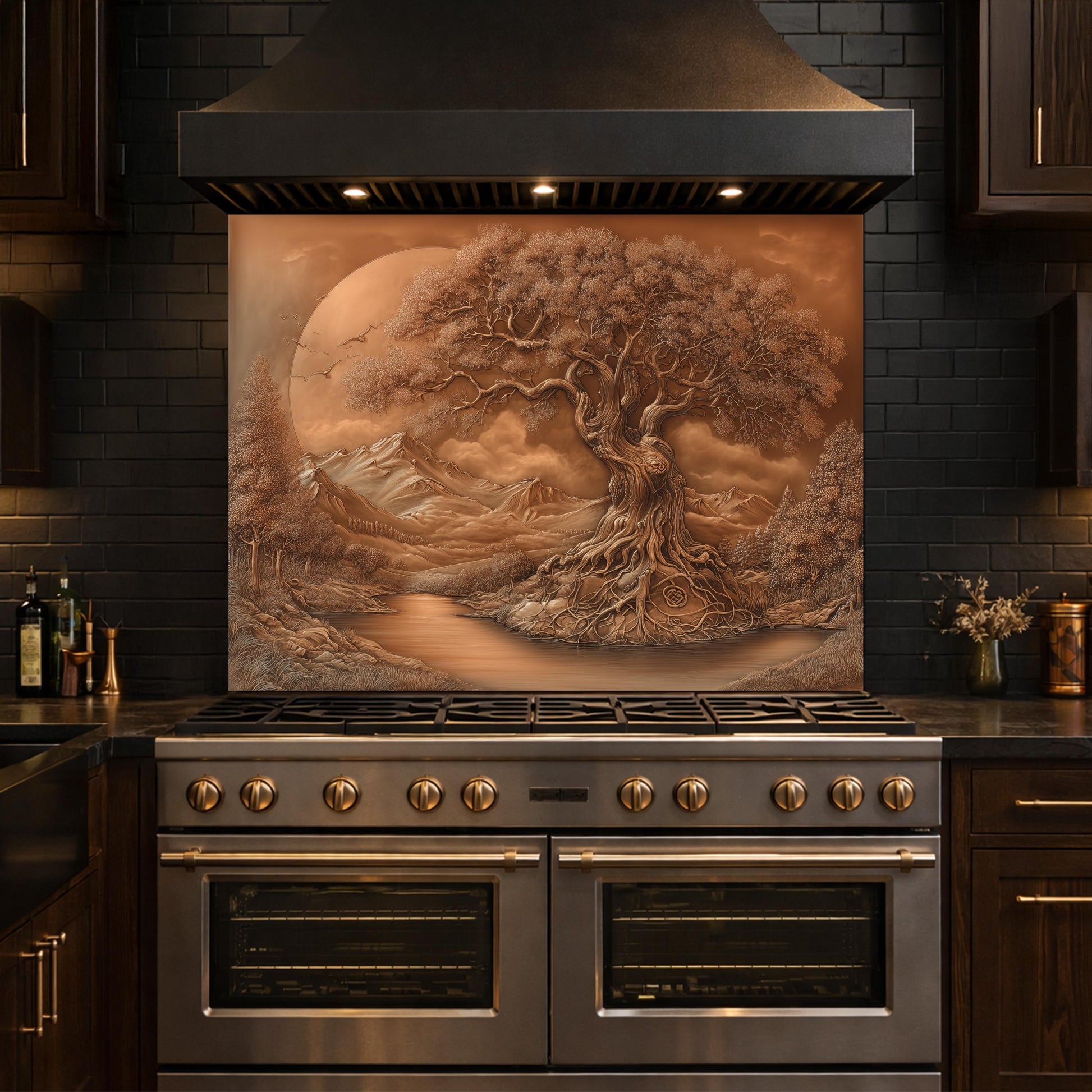 Copper Tree of Life Glass Kitchen Backsplash Panel, Mountain Stove Guard Wall Art