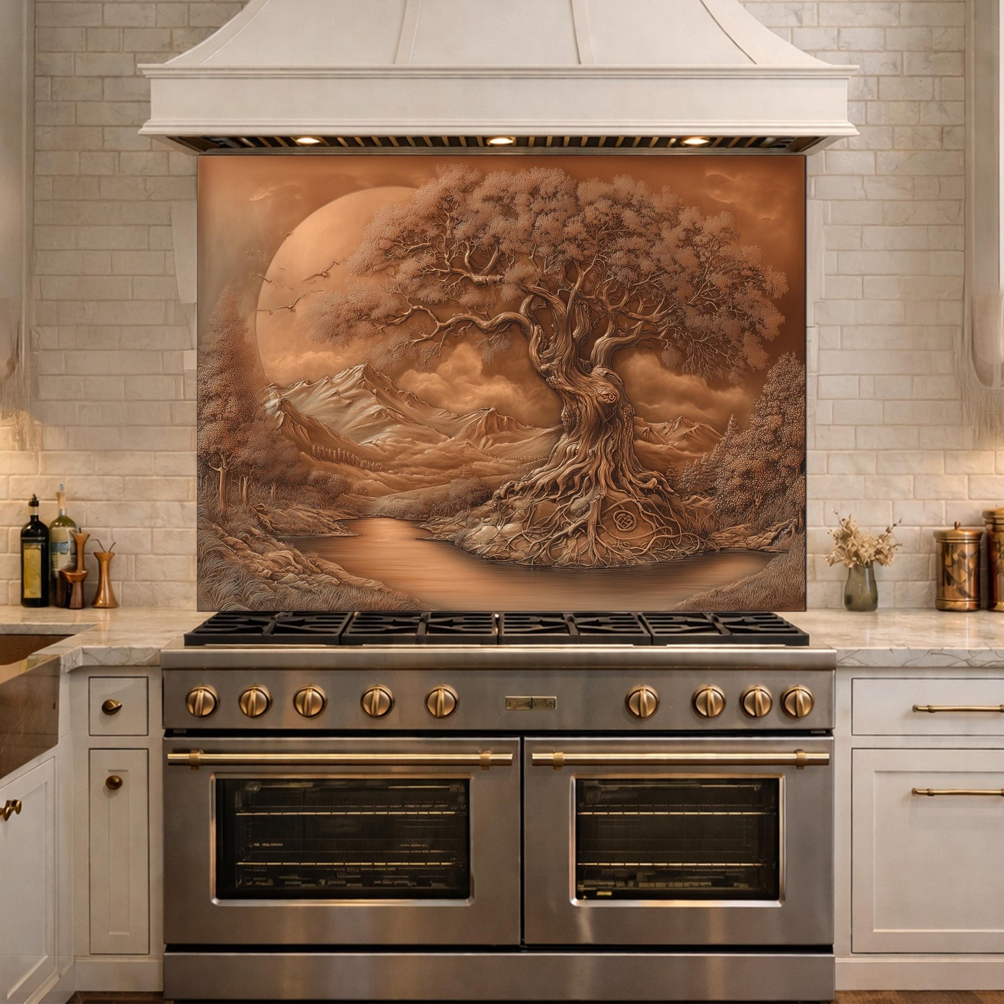 Copper Tree of Life Glass Kitchen Backsplash Panel, Mountain Stove Guard Wall Art