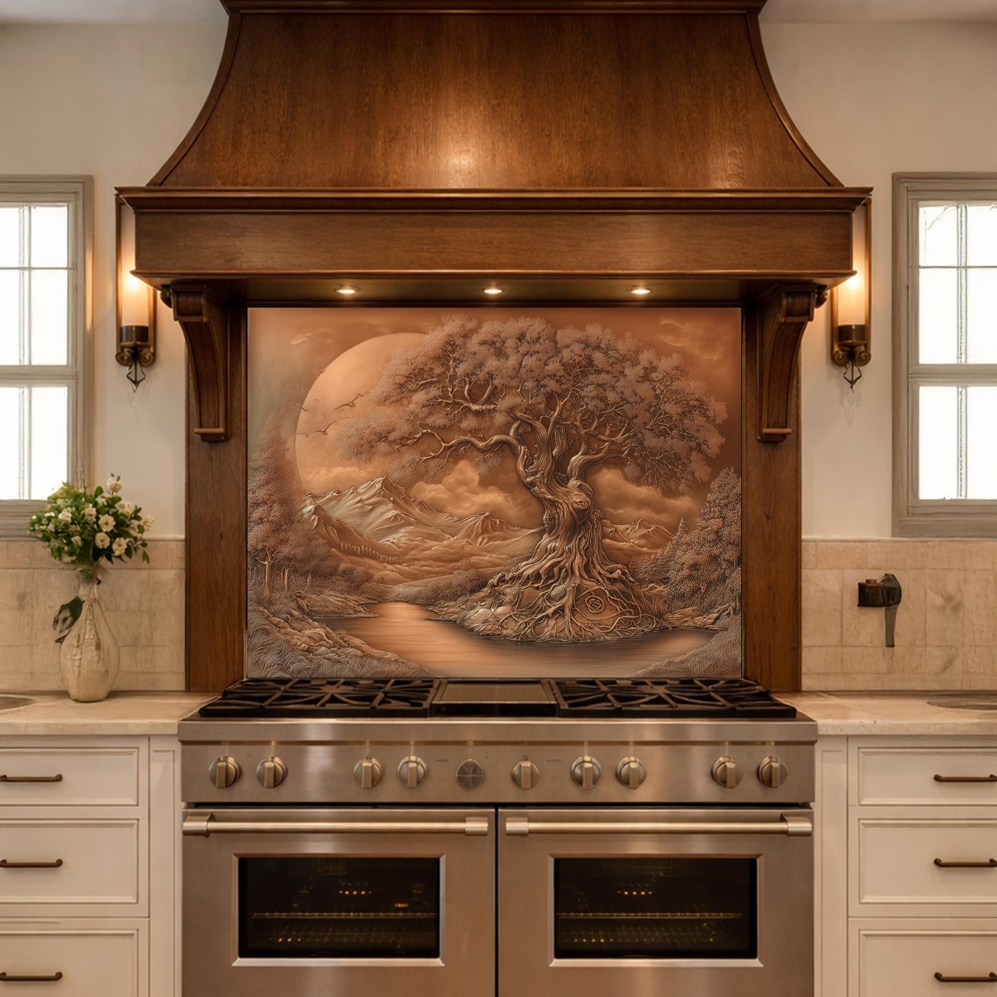 Copper Tree of Life Glass Kitchen Backsplash Panel, Mountain Stove Guard Wall Art