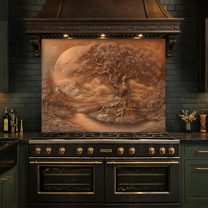 Copper Tree of Life Glass Kitchen Backsplash Panel, Mountain Stove Guard Wall Art