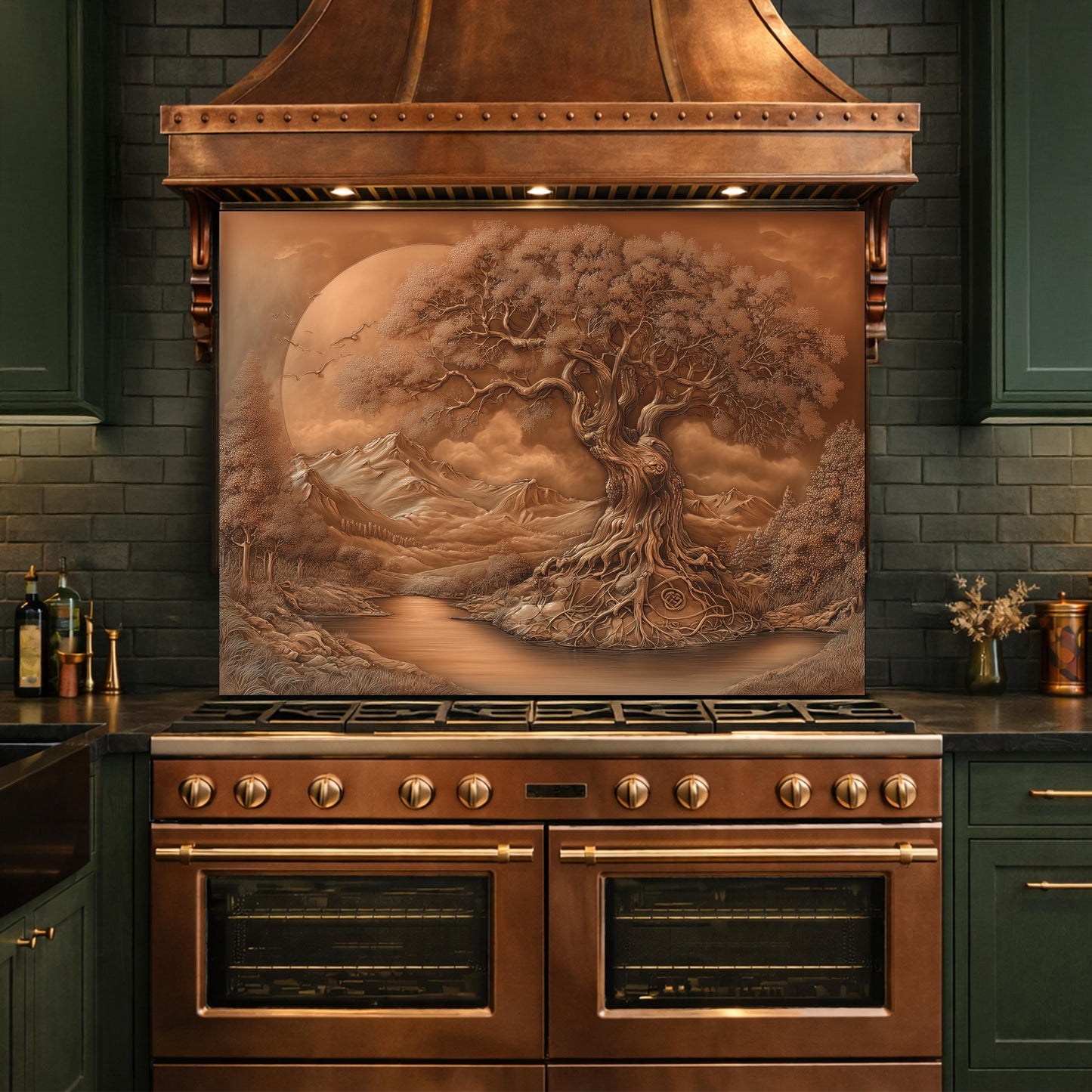 Copper Tree of Life Glass Kitchen Backsplash Panel, Mountain Stove Guard Wall Art