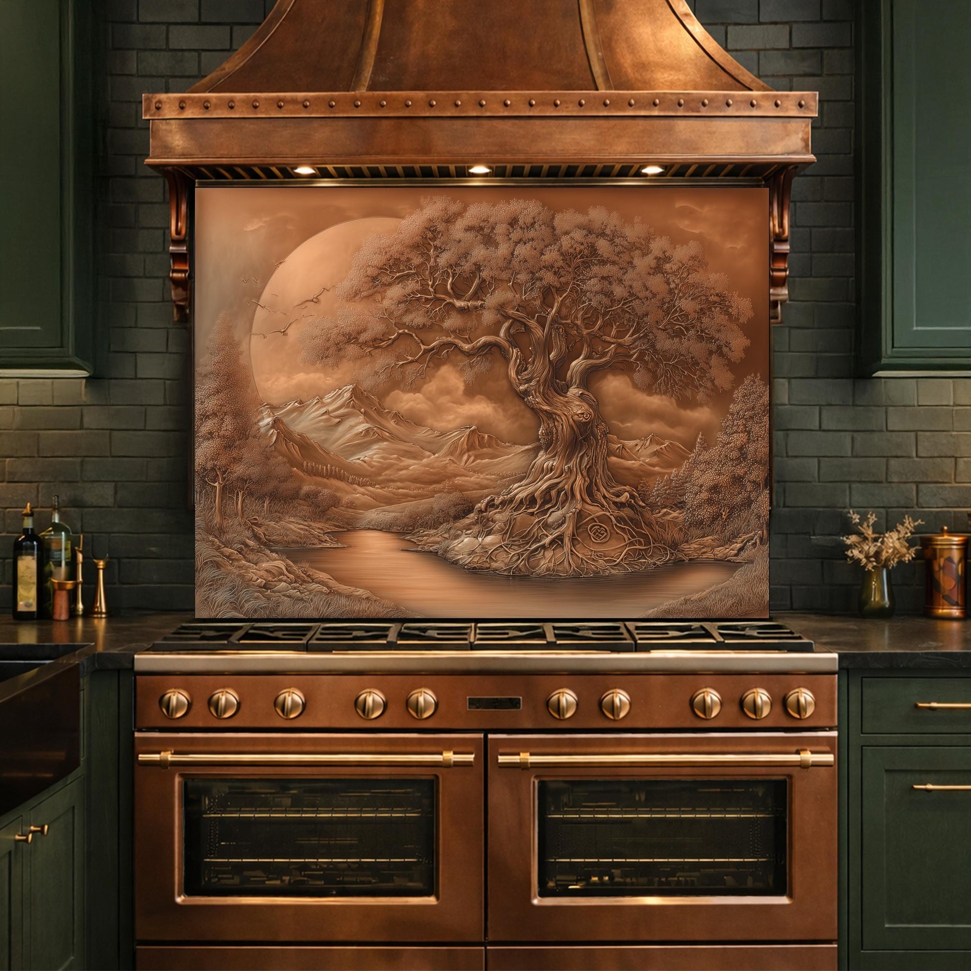 Copper Tree of Life Glass Kitchen Backsplash Panel, Mountain Stove Guard Wall Art