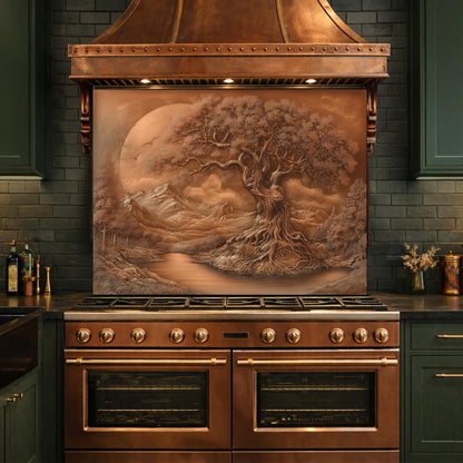 Copper Tree of Life Glass Kitchen Backsplash Panel, Mountain Stove Guard Wall Art