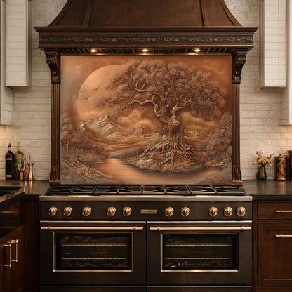 Copper Tree of Life Glass Kitchen Backsplash Panel, Mountain Stove Guard Wall Art