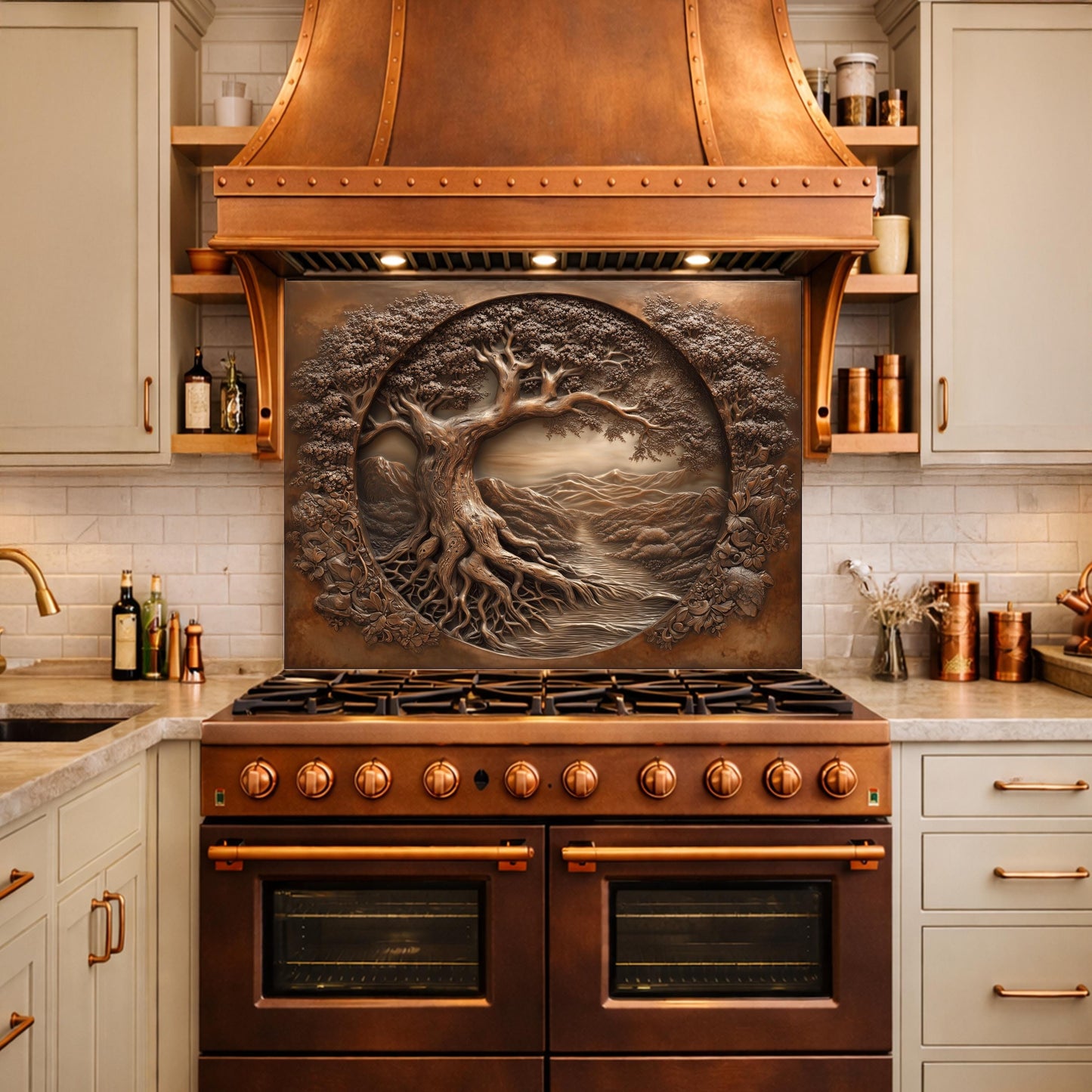 Copper Tree of Life Glass Backsplash, 3D Engraved Rustic Landscape Kitchen Panel