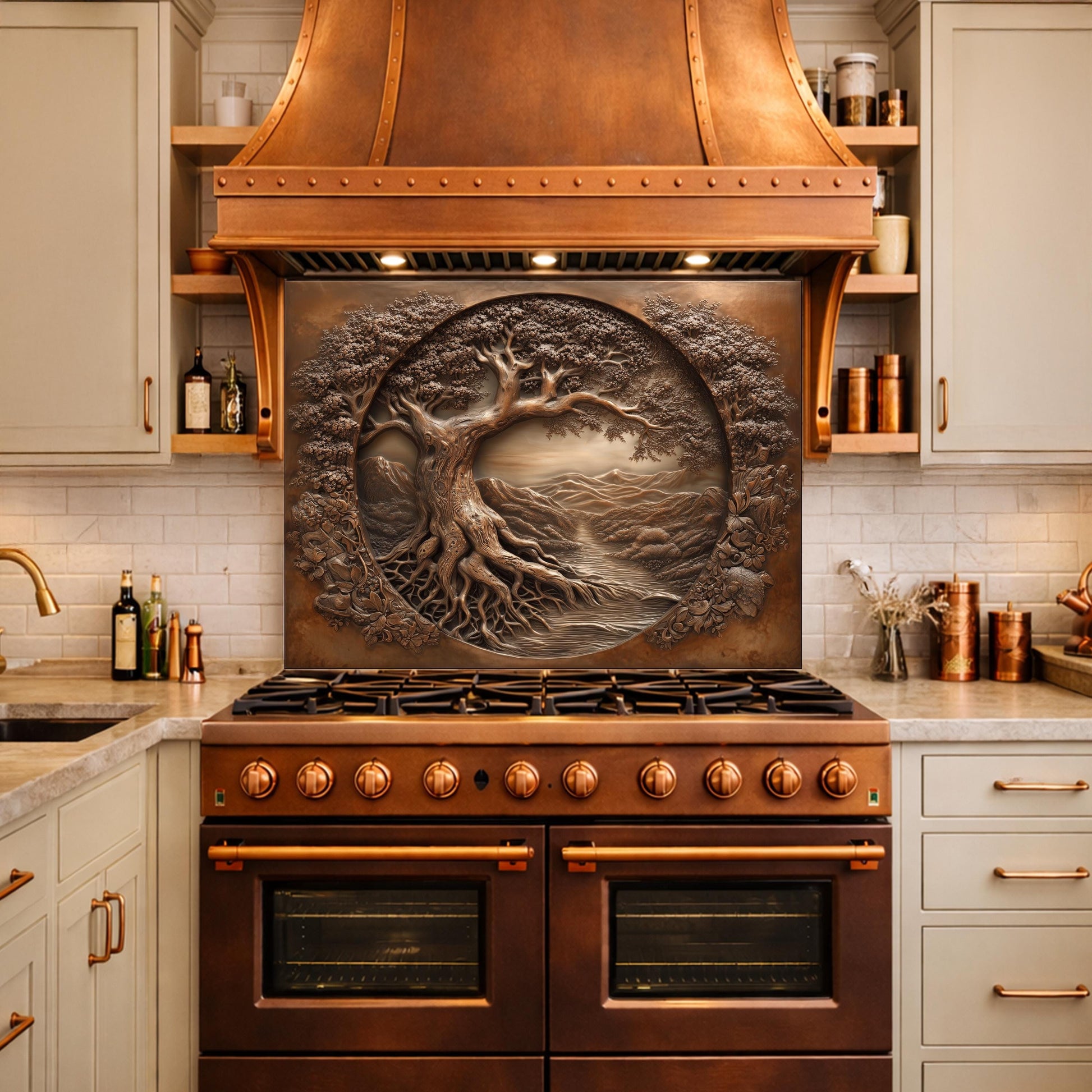 Copper Tree of Life Glass Backsplash, 3D Engraved Rustic Landscape Kitchen Panel