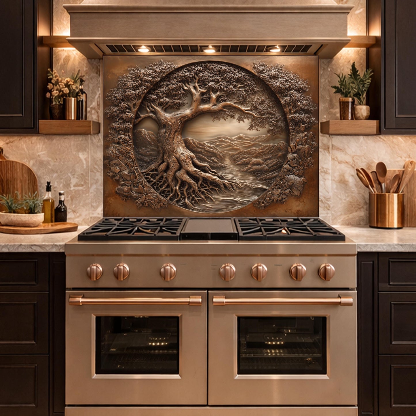 Copper Tree of Life Glass Backsplash, 3D Engraved Rustic Landscape Kitchen Panel