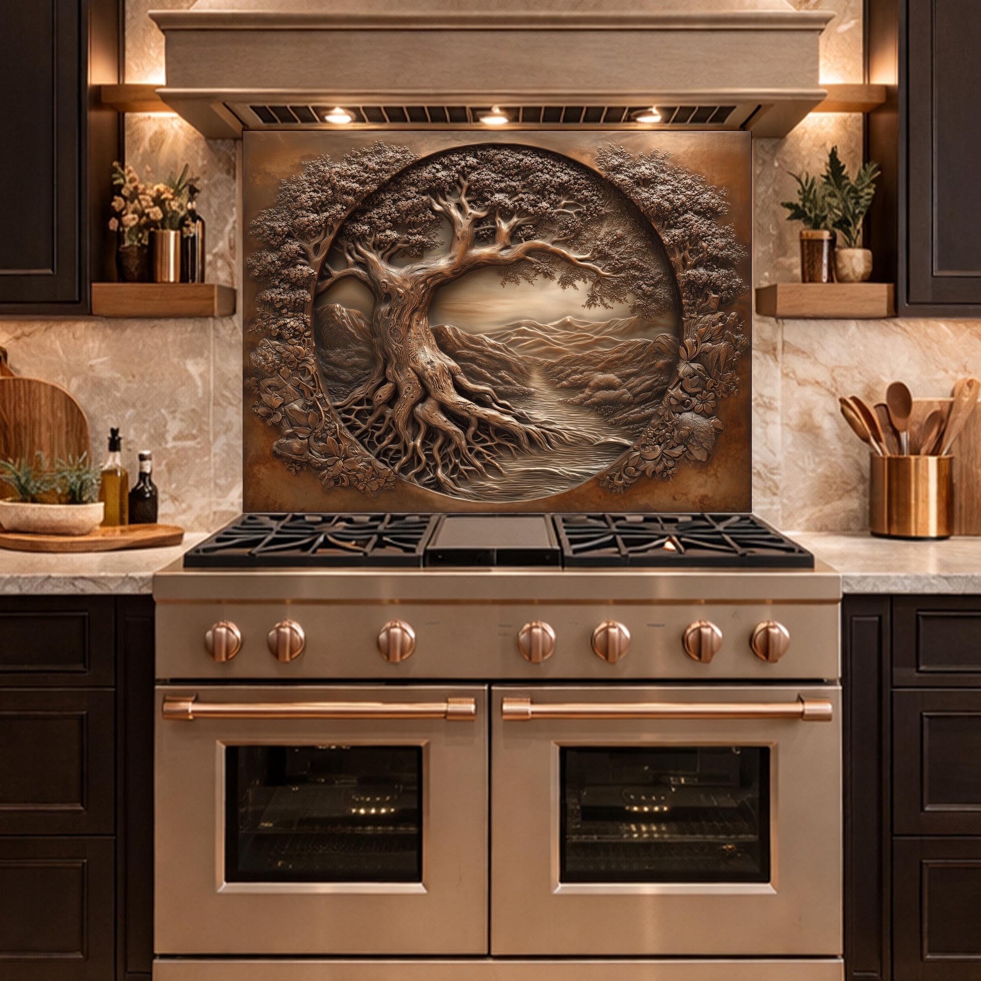 Copper Tree of Life Glass Backsplash, 3D Engraved Rustic Landscape Kitchen Panel