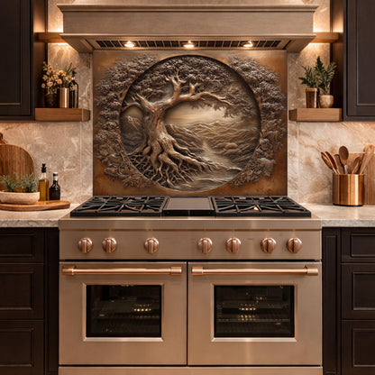Copper Tree of Life Glass Backsplash, 3D Engraved Rustic Landscape Kitchen Panel