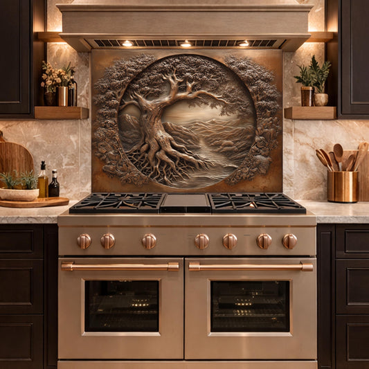 Copper Tree of Life Glass Backsplash, 3D Engraved Rustic Landscape Kitchen Panel