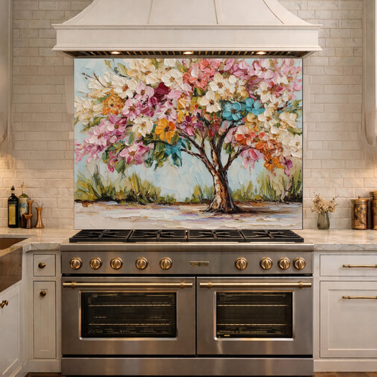 Colorful Blossom Tree Glass Kitchen Backsplash Panel, Floral Wall Art Stove Guard Decor