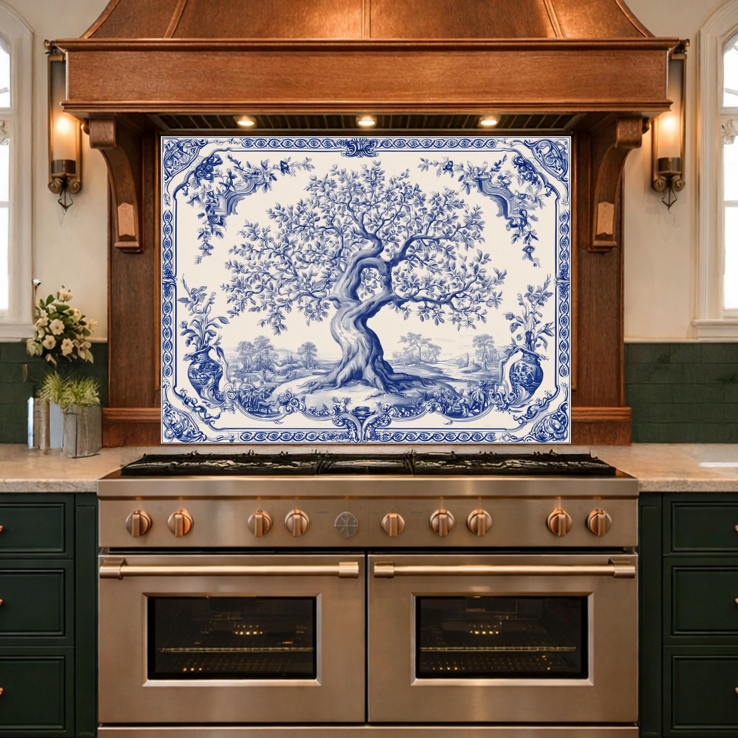 Blue White Olive Tree Glass Backsplash, Vintage Ceramic Tile Kitchen Panel
