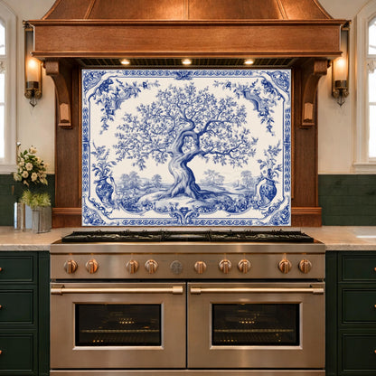 Blue White Olive Tree Glass Backsplash, Vintage Ceramic Tile Kitchen Panel