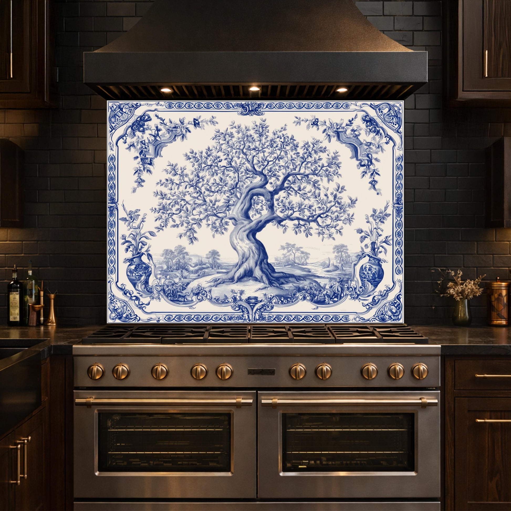 Blue White Olive Tree Glass Backsplash, Vintage Ceramic Tile Kitchen Panel