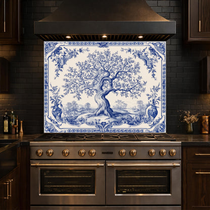 Blue White Olive Tree Glass Backsplash, Vintage Ceramic Tile Kitchen Panel