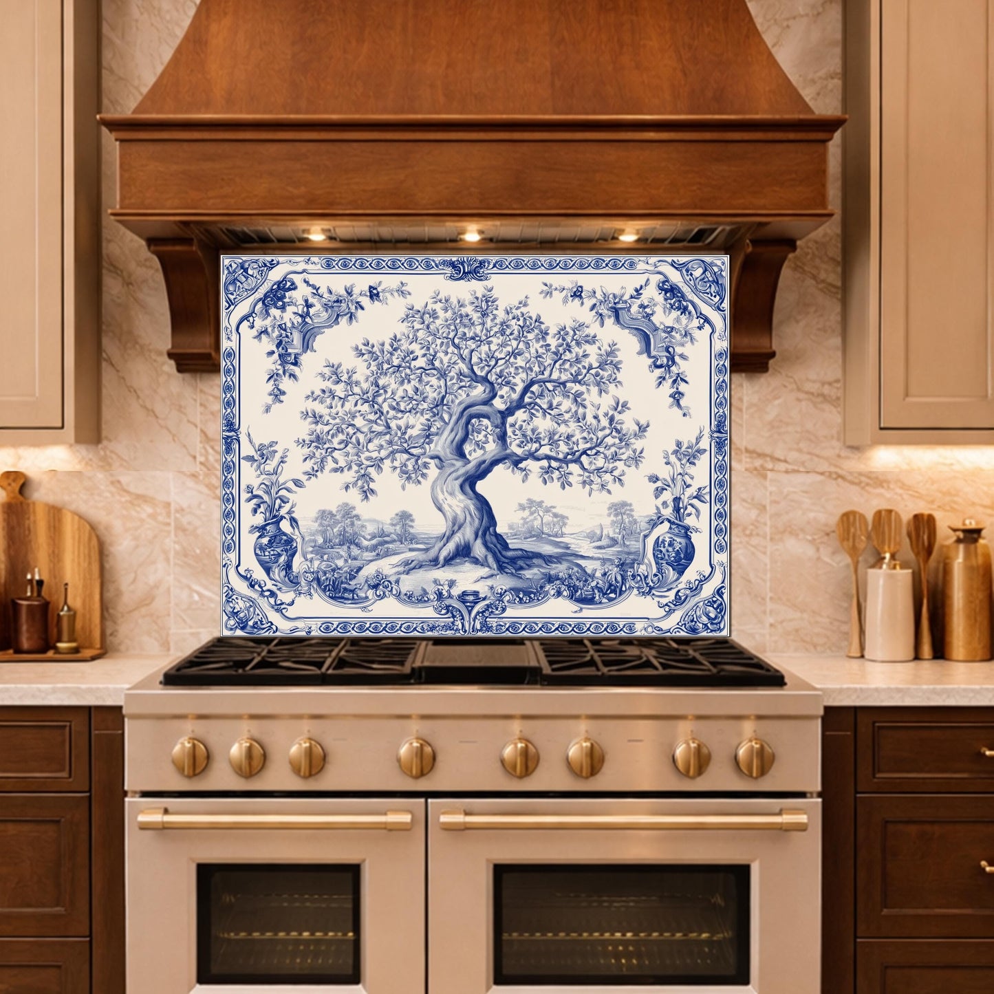Blue White Olive Tree Glass Backsplash, Vintage Ceramic Tile Kitchen Panel