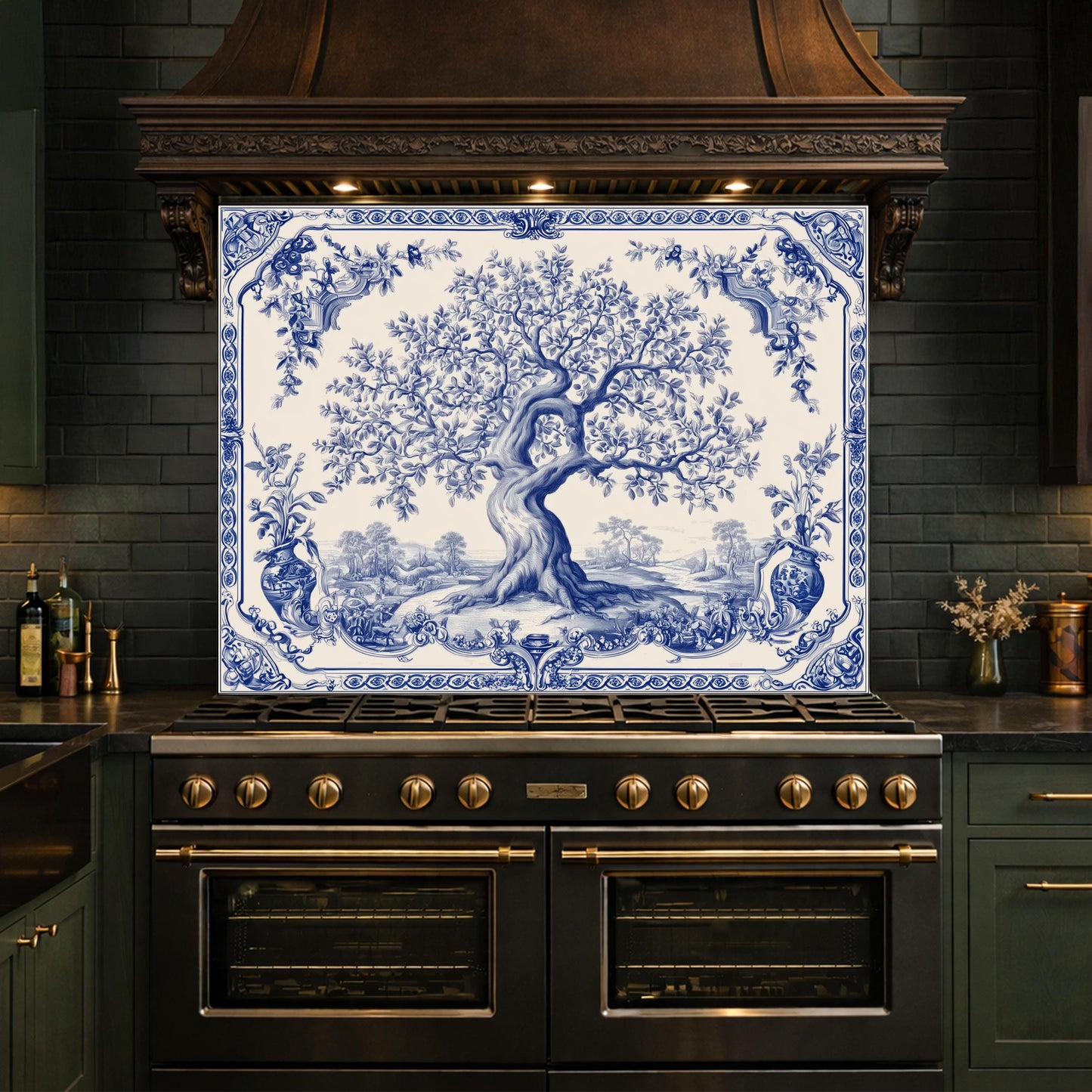 Blue White Olive Tree Glass Backsplash, Vintage Ceramic Tile Kitchen Panel