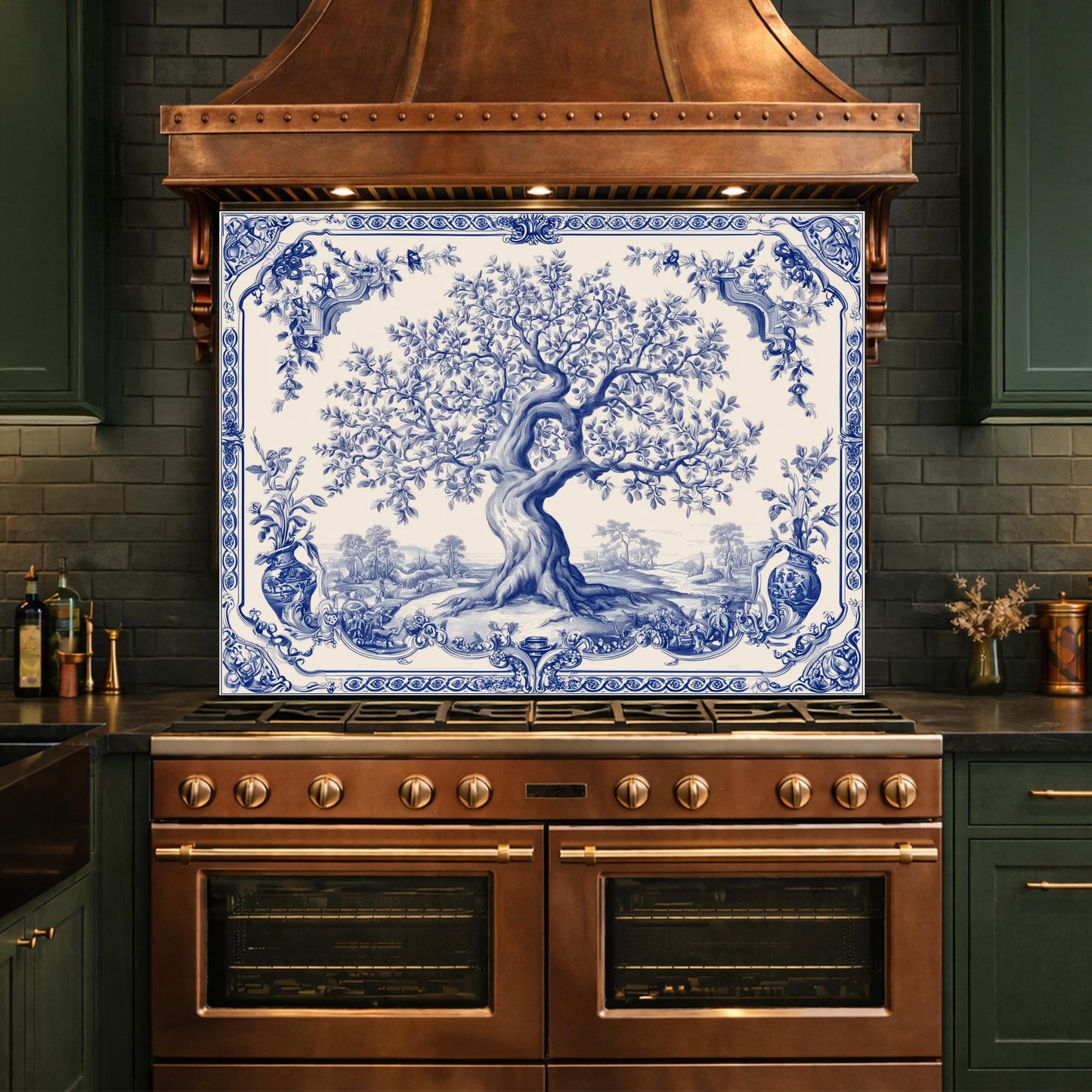 Blue White Olive Tree Glass Backsplash, Vintage Ceramic Tile Kitchen Panel