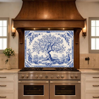 Blue White Olive Tree Glass Backsplash, Vintage Ceramic Tile Kitchen Panel