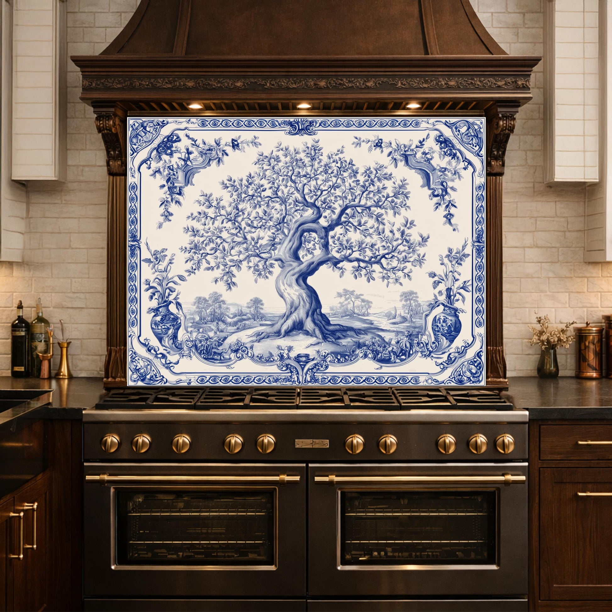 Blue White Olive Tree Glass Backsplash, Vintage Ceramic Tile Kitchen Panel