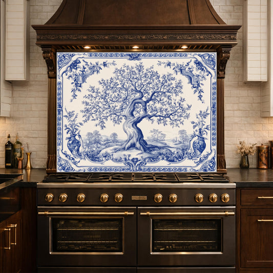 Blue White Olive Tree Glass Backsplash, Vintage Ceramic Tile Kitchen Panel