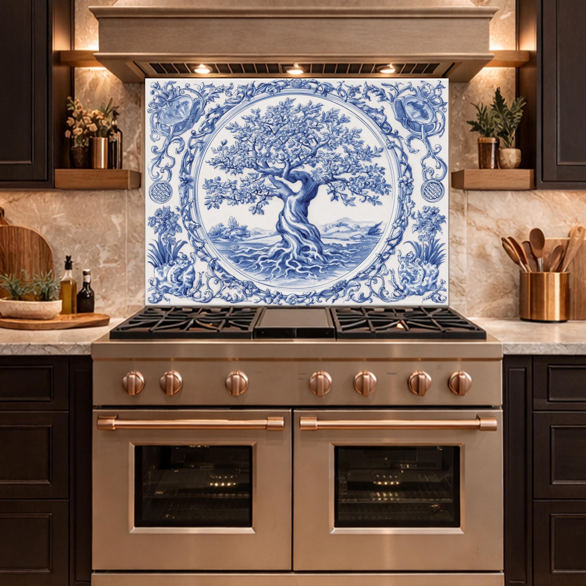 Blue White Tree of Life Glass Backsplash, Round Frame Vintage Tile Design