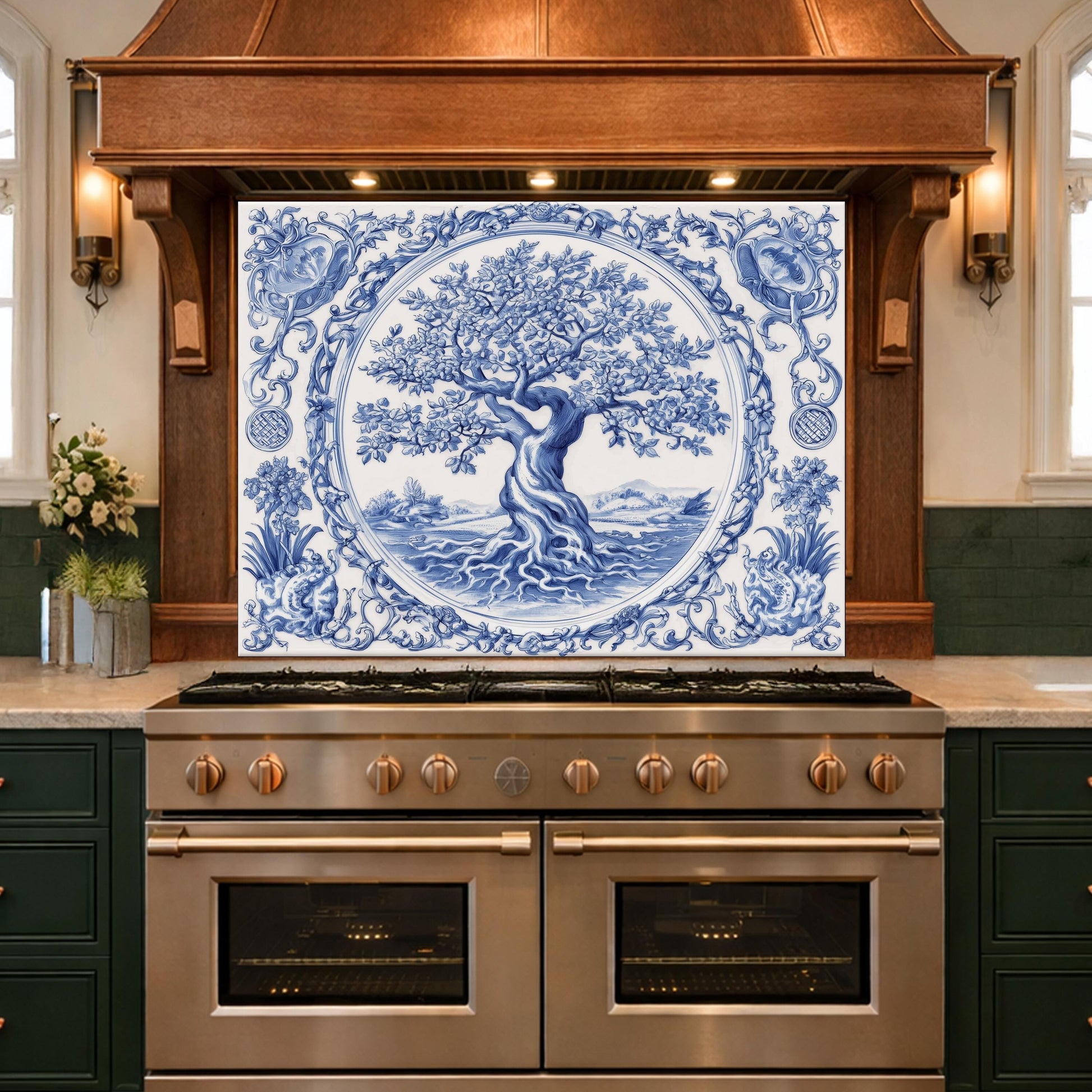 Blue White Tree of Life Glass Backsplash, Round Frame Vintage Tile Design