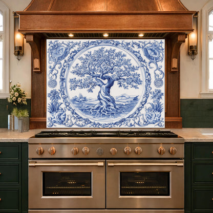 Blue White Tree of Life Glass Backsplash, Round Frame Vintage Tile Design