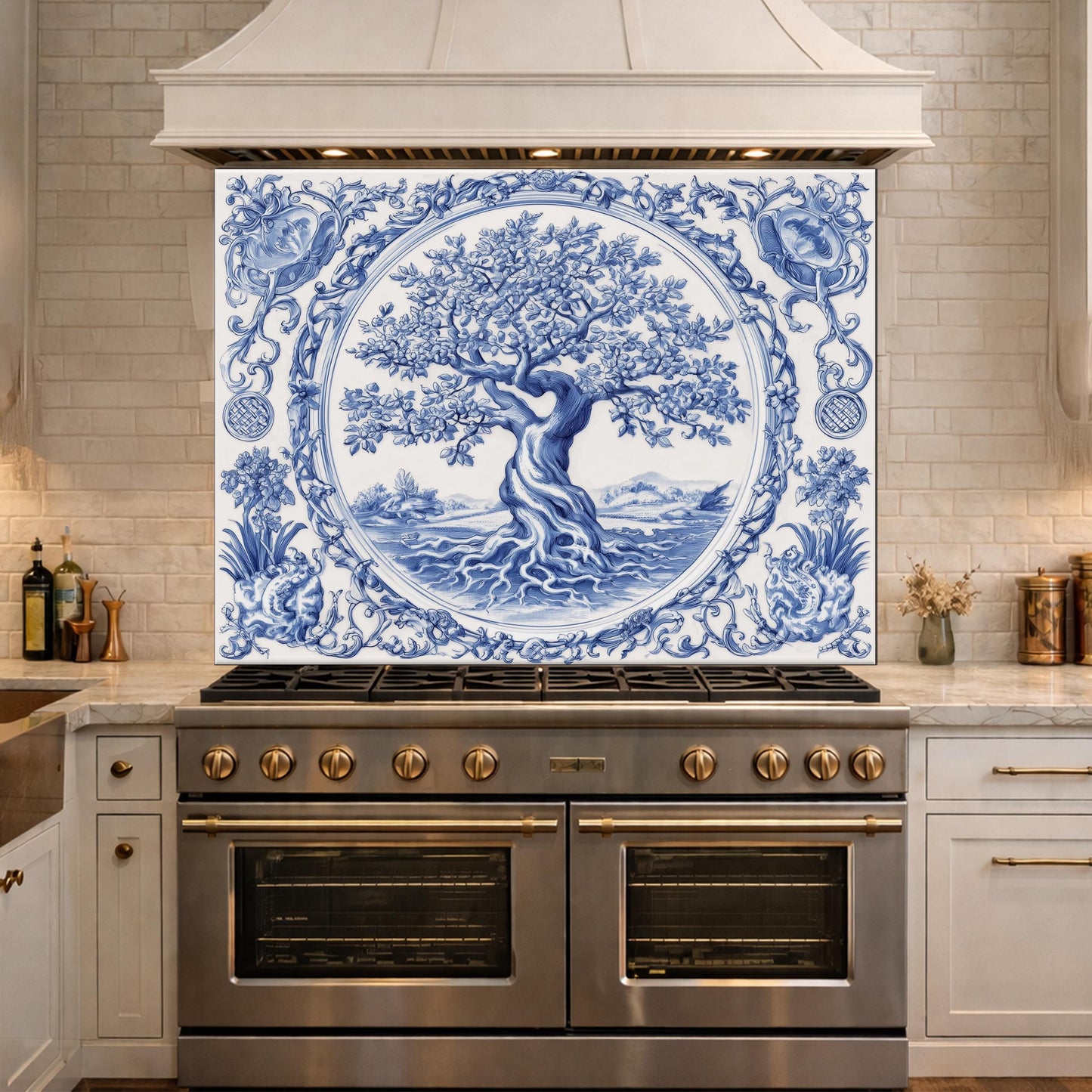 Blue White Tree of Life Glass Backsplash, Round Frame Vintage Tile Design