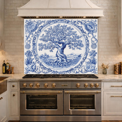 Blue White Tree of Life Glass Backsplash, Round Frame Vintage Tile Design