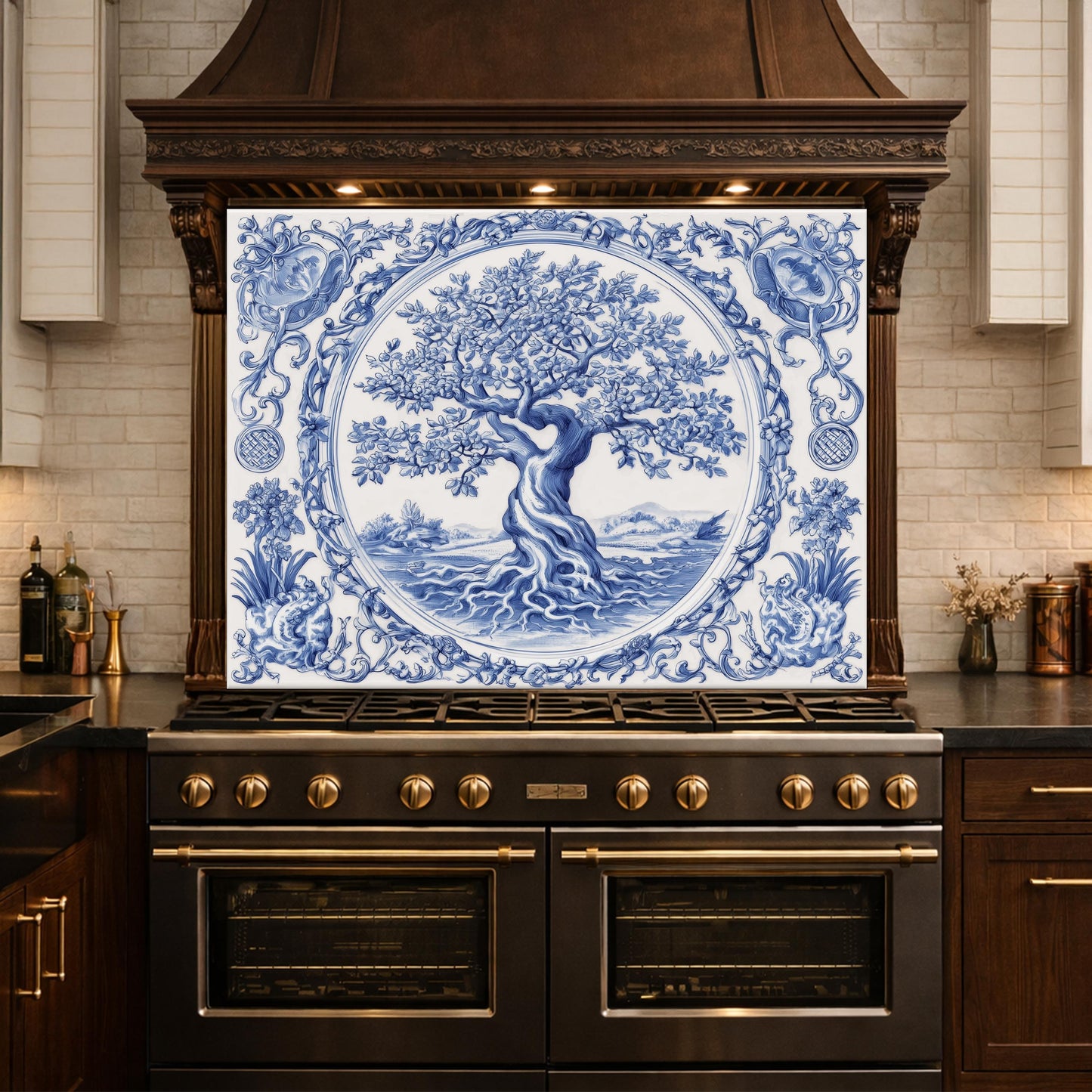 Blue White Tree of Life Glass Backsplash, Round Frame Vintage Tile Design